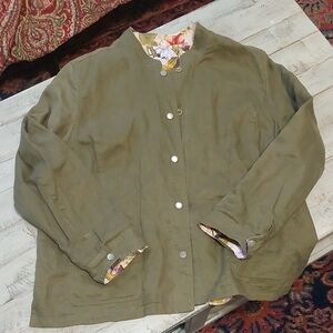 Olive Green And Floral Reversible Women's Linen Jacket